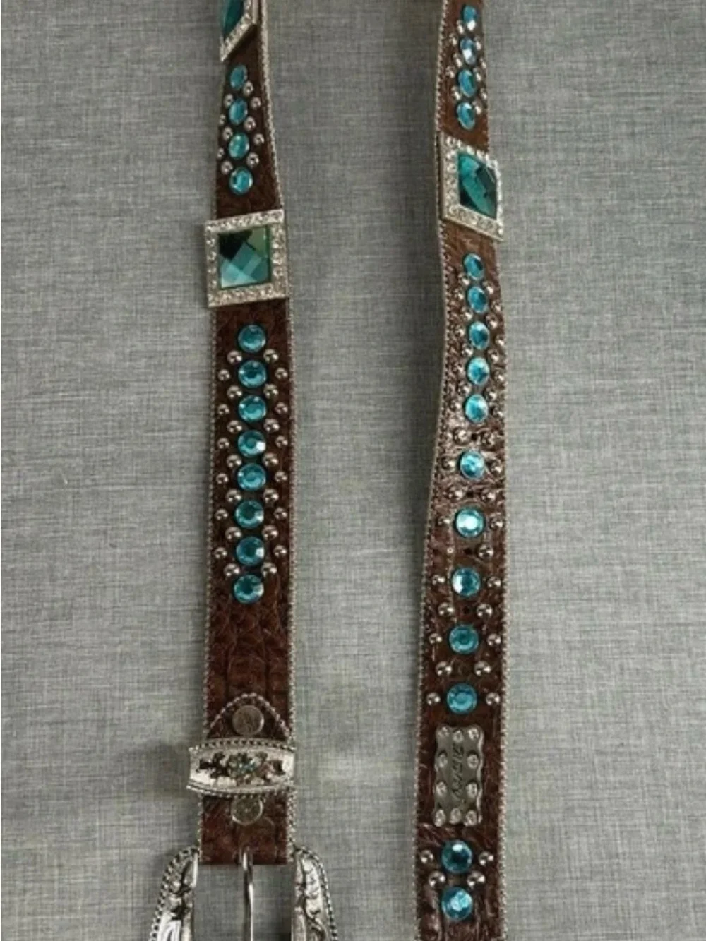 Brown Leather Western Belt with Turquoise Crystals